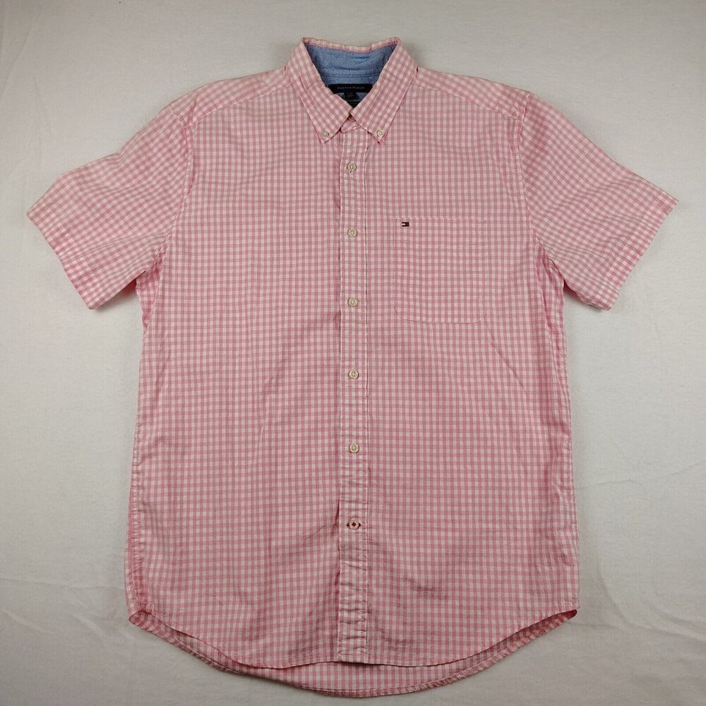 Tommy Hilfiger Classic Fit Pink White Plaid Button Up Short Sleeve Shirt Mens L